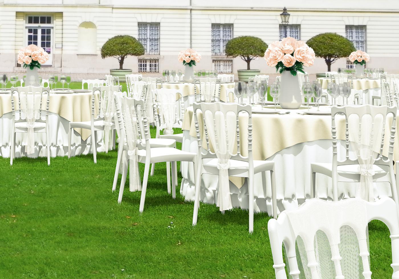 Białe krzesła na weselu